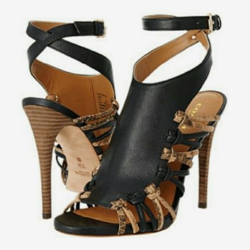 Black & snake print sandal heels with ankle strap.